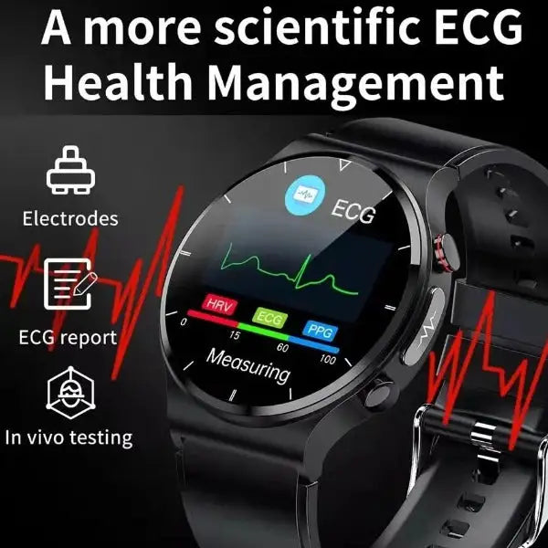 Lamp Post men's smartwatch displaying body temperature, blood pressure, and heart rate on its digital screen.