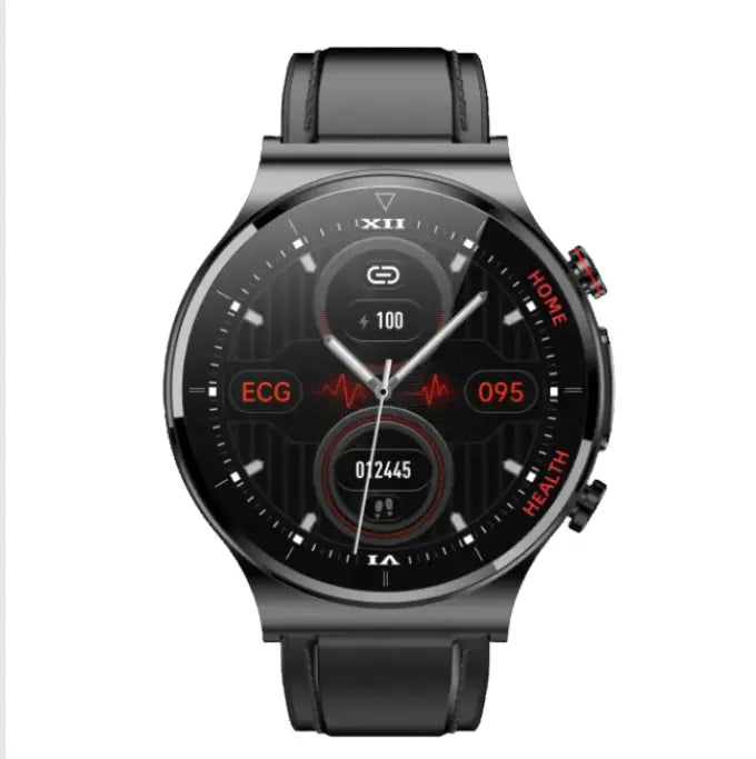 Lamp Post men's smart watch displaying body temperature, blood pressure, and heart rate readings on a sleek digital screen.