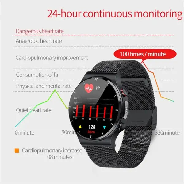 Lamp Post men's smart watch displaying body temperature, blood pressure, and heart rate readings in a sleek digital design.