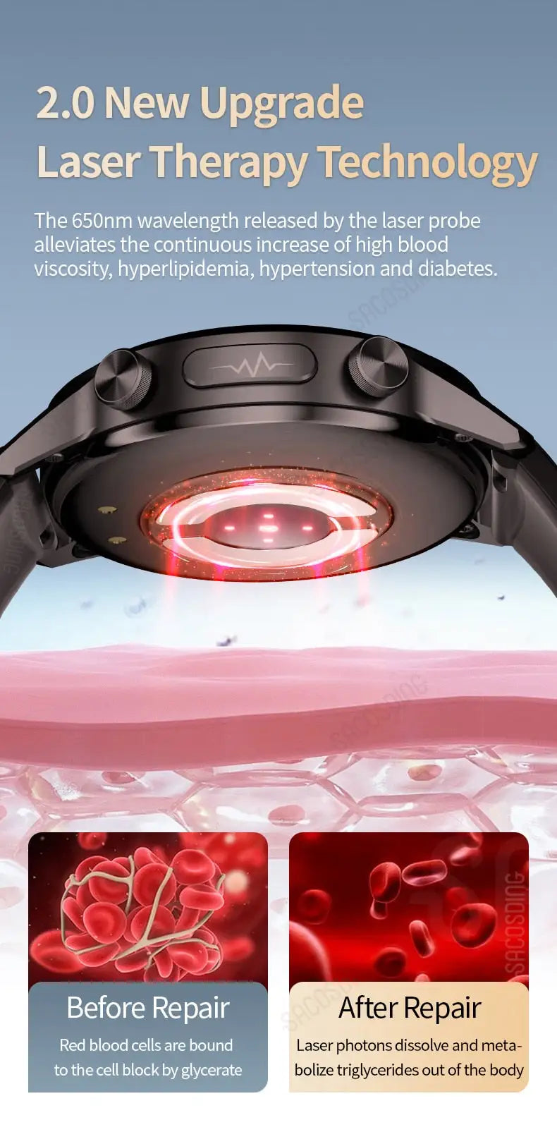 Lamp Post men's smart watch displaying body temperature, blood pressure, and heart rate on a digital screen.