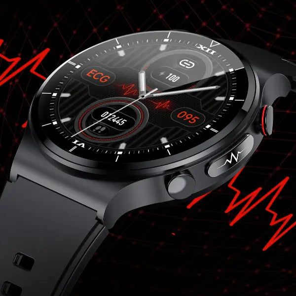 Lamp Post men's smartwatch displaying body temperature, blood pressure, and heart rate readings on its screen.