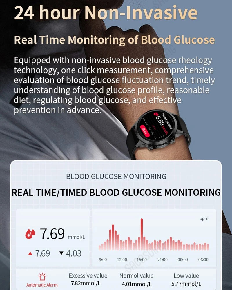 Lamp Post men's smartwatch displaying body temperature, blood pressure, and heart rate on a sleek digital screen.