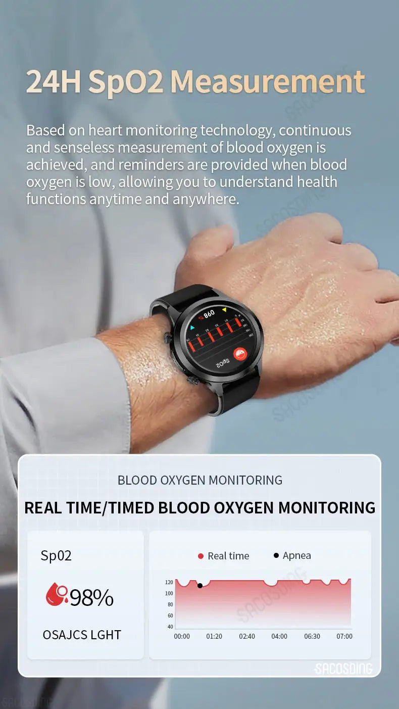 Lamp Post men's smart watch displaying body temperature, blood pressure, and heart rate readings on a sleek digital screen.