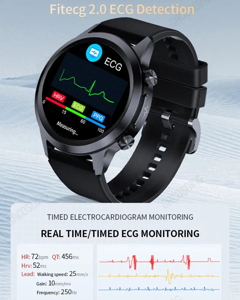 Lamp Post men's smart watch displaying body temperature, blood pressure, and heart rate monitoring on a sleek digital screen.