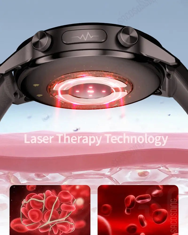 Lamp Post men's smart watch displaying body temperature, blood pressure, and heart rate on a sleek digital screen.