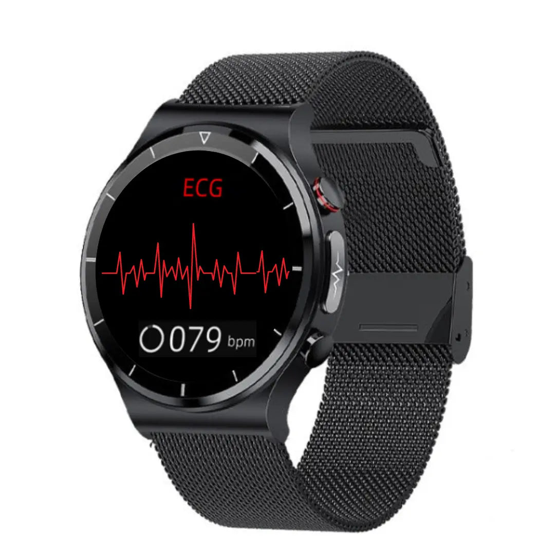 Lamp Post men's smart watch displaying body temperature, blood pressure, and heart rate readings on its digital screen.