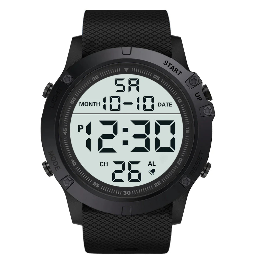 Lamp Post waterproof digital sports watch with military tactical design, LED backlight, and durable wristband for men.