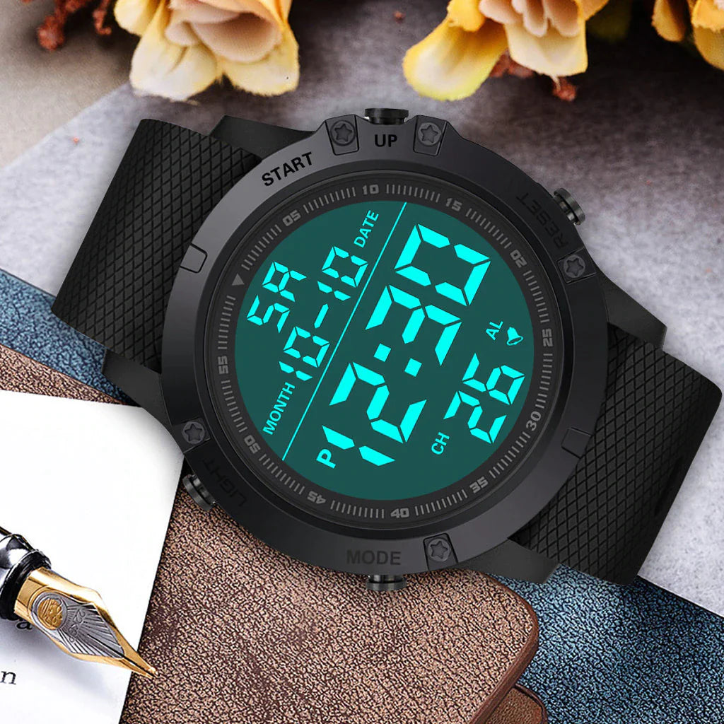 Digital sports watch by Lamp Post featuring waterproof design, military tactical style, LED backlight, and rugged wristwatch appearance.