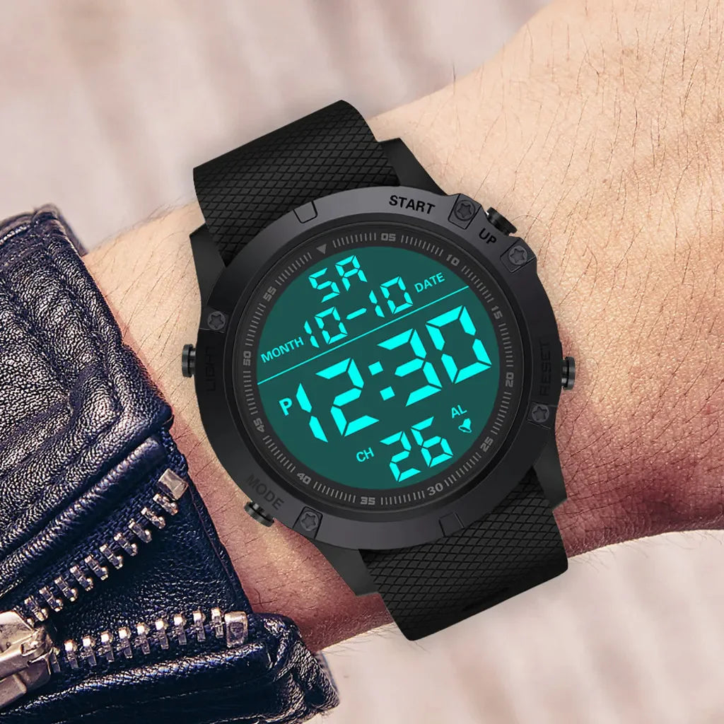Digital sports watch by Lamp Post featuring waterproof design, military tactical style, LED backlight, and durable wristwatch for men.