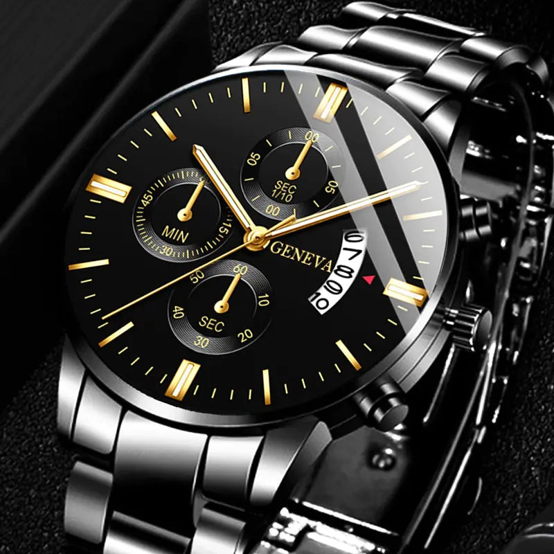 Fashion men's stainless steel watch by Lamp Post, featuring a sleek black dial and modern design.