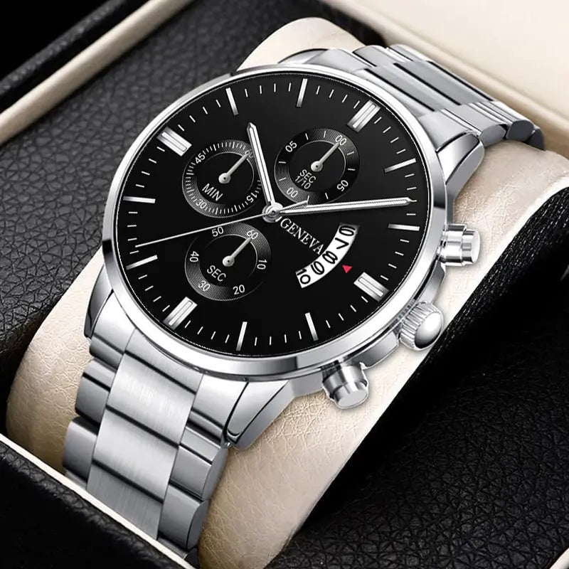 Men's stainless steel watch from Lamp Post featuring a sleek black dial and modern design.
