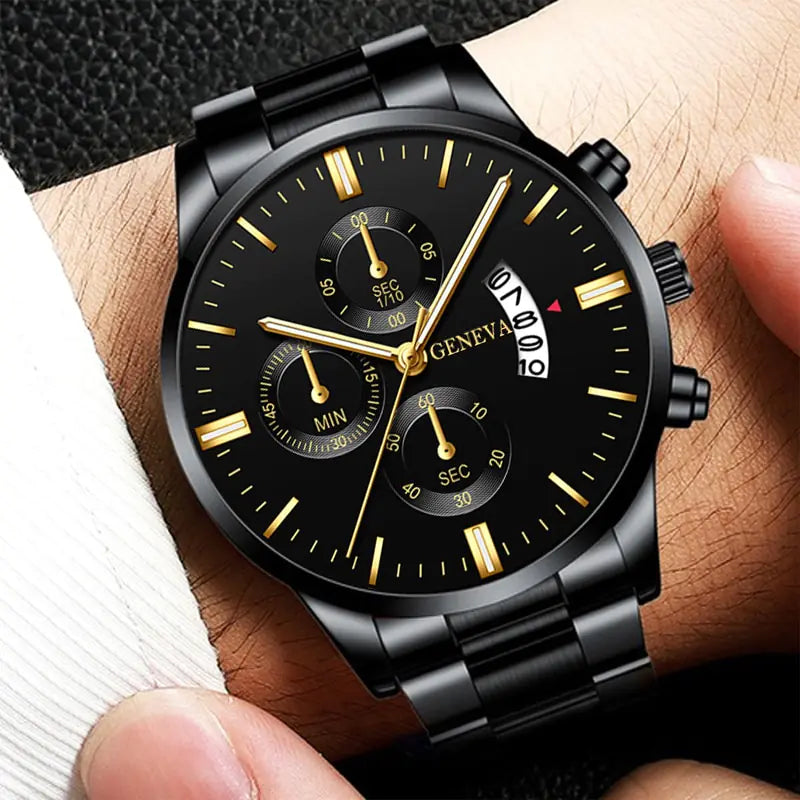 Fashion men's stainless steel watch by Lamp Post, featuring a sleek black dial and modern design for stylish wear.