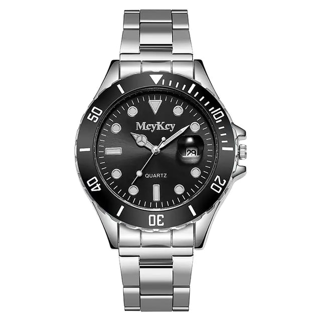 Fashion men's stainless steel watch by Lamp Post featuring a sleek black dial and durable metal band.
