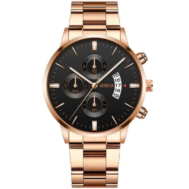 Fashion men's stainless steel watch by Lamp Post featuring a sleek black dial and modern design.