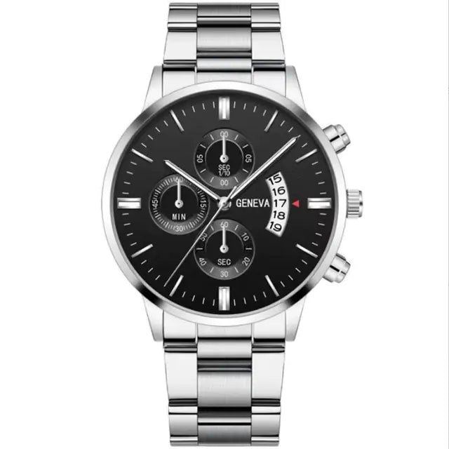 Fashion men's stainless steel watch by Lamp Post featuring a sleek black dial and modern design.