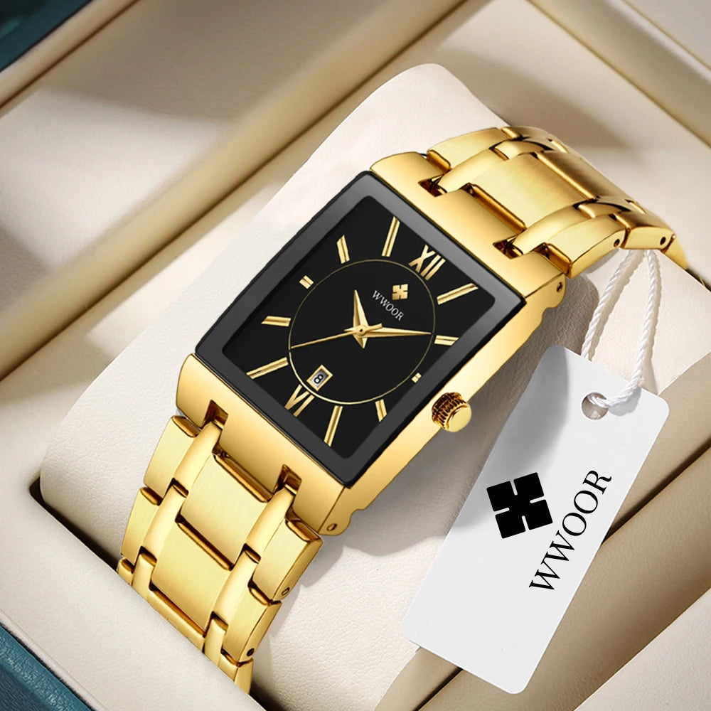 Gold stainless steel men's quartz watch by Lamp Post, featuring a sleek design and analog display.