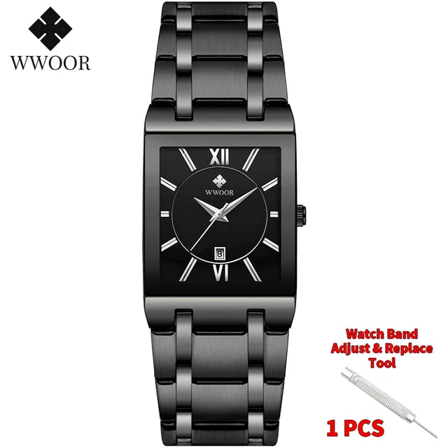 Gold stainless steel quartz men's watch by Lamp Post, showing the full watch with a sleek design and metal bracelet.