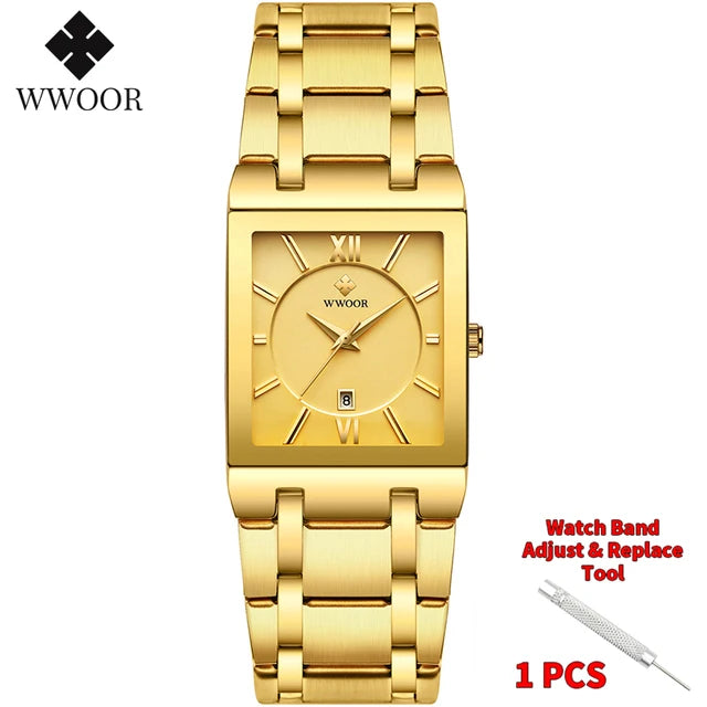 Gold stainless steel quartz men's watch by Lamp Post featuring a sleek design and classic round dial.