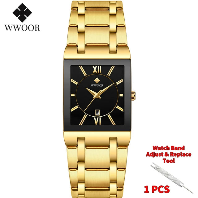 Gold stainless steel men's quartz watch by Lamp Post, featuring a sleek design and a round dial.
