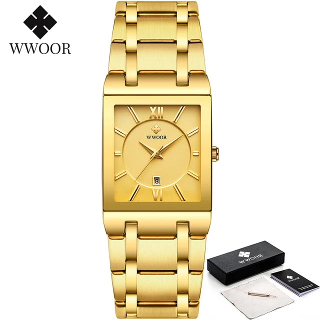 Gold quartz stainless steel men's watch by Lamp Post with a sleek round dial and classic design.