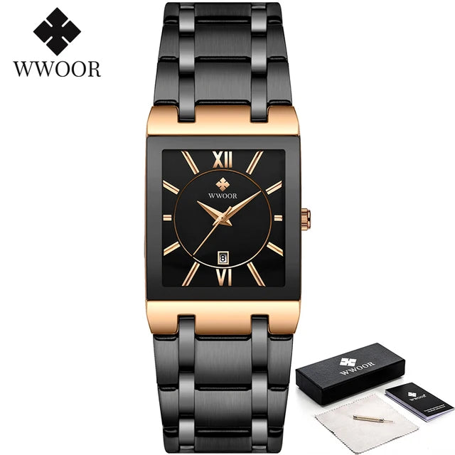 Gold-tone quartz stainless steel men's watch by Lamp Post featuring a round dial and metal bracelet.