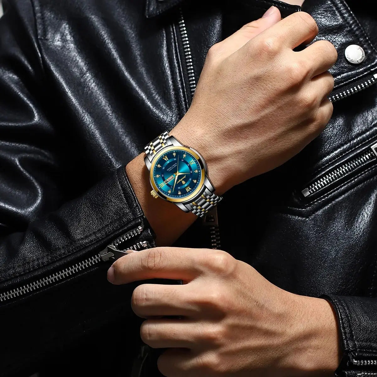 Gold and blue luxury watch from Lamp Post's premium craftsmanship collection, featuring elegant design and sophisticated details.
