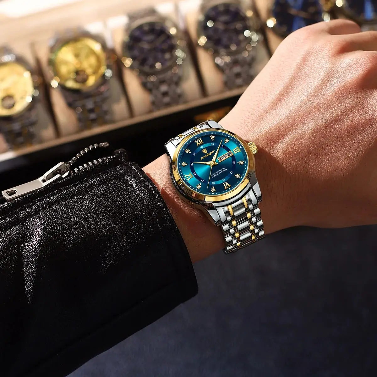 Gold and blue luxury watches from Lamp Post's premium craftsmanship collection, showcasing elegant watch faces and stylish bands.