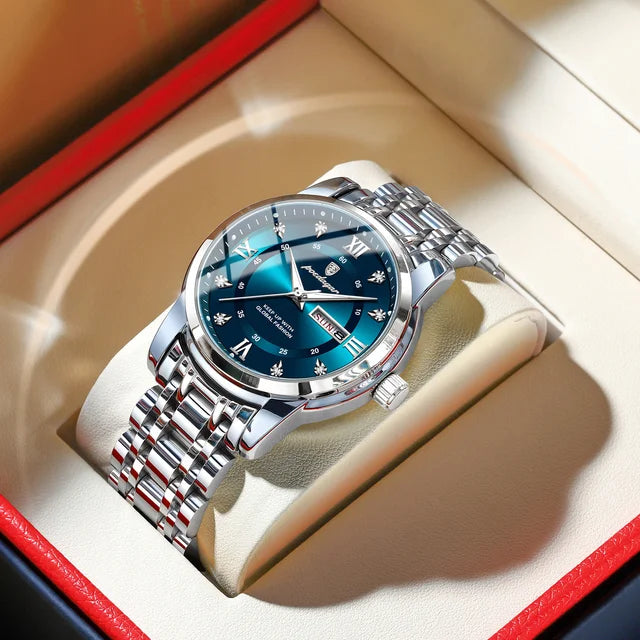 Gold and blue luxury watch from Lamp Post's premium craftsmanship collection, featuring elegant design and precise timekeeping.