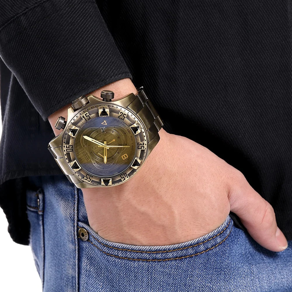 Three gold vintage men's quartz watches by Lamp Post with classic designs and round dials.
