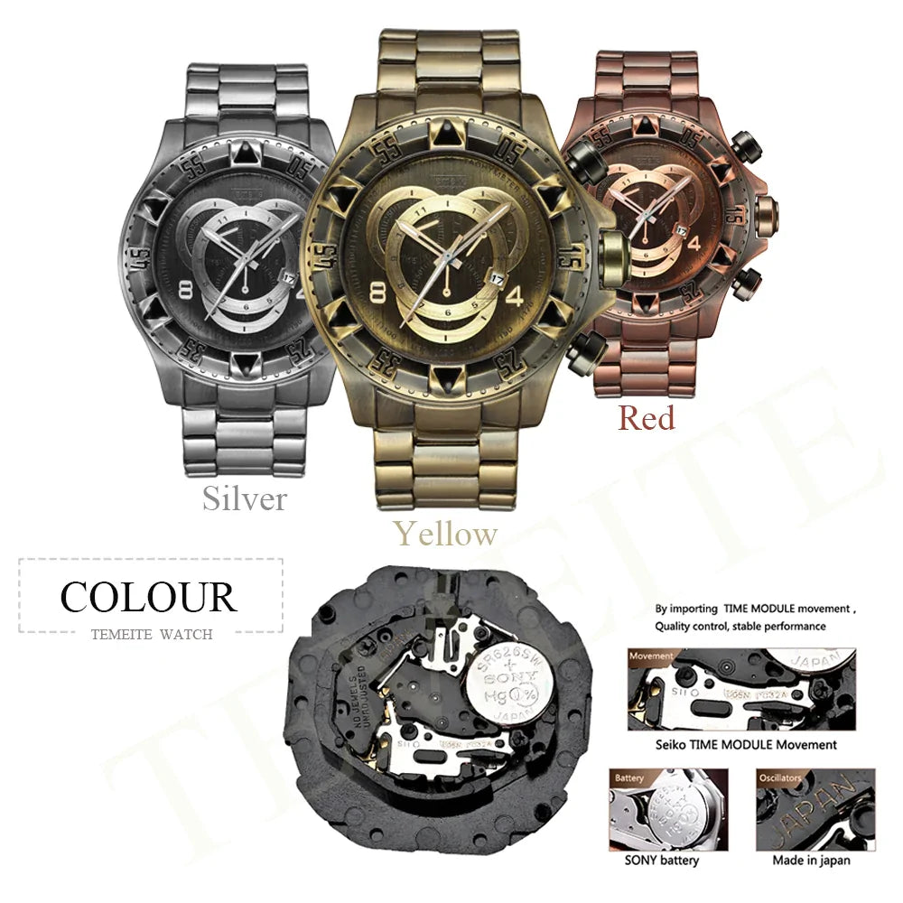 Three gold men's vintage quartz watches by Lamp Post with classic round faces and analog dials.