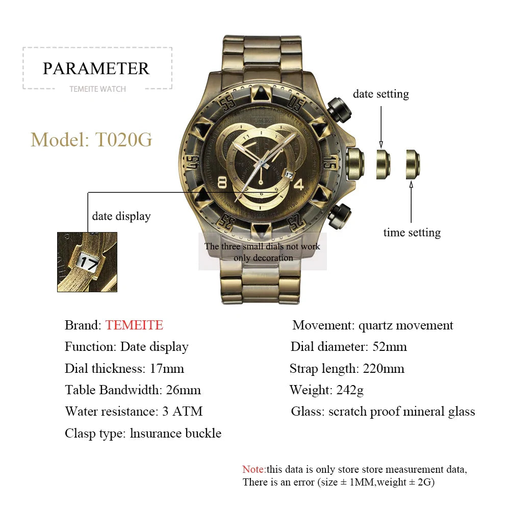 Three gold vintage men's quartz watches by Lamp Post with classic round faces and leather straps.
