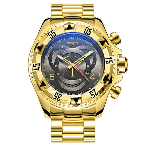 Three vintage men's quartz watches by Lamp Post featuring gold-toned dials and classic design details.