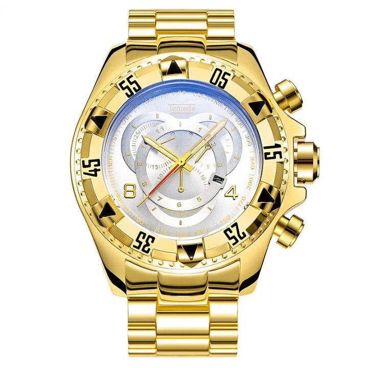 Three gold vintage men's quartz watches by Lamp Post with classic round dials and elegant design.