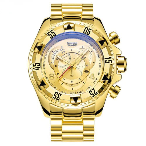 Three gold vintage men's Quartz watches by Lamp Post with classic round faces and leather straps.