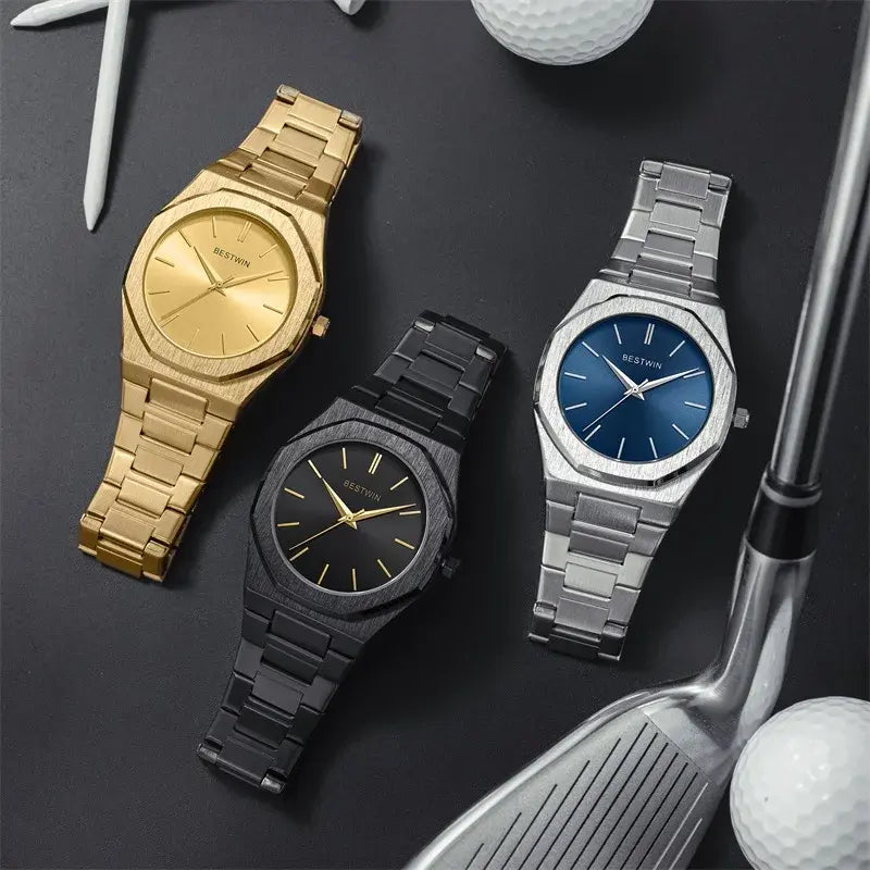 Gold and green stainless steel men's watch by Lamp Post featuring a sleek design and modern watch face.