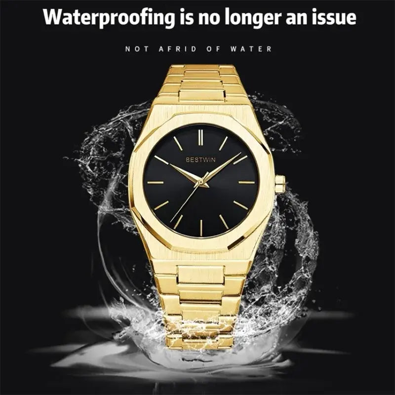 Gold and green stainless steel men's watch by Lamp Post with a sleek design and metallic finish.