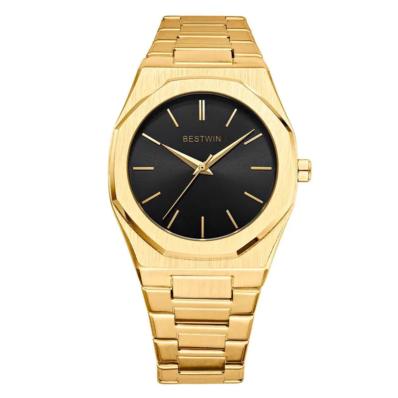 Stainless steel men's watch by Lamp Post with gold and green accents, featuring a round dial and metal bracelet.