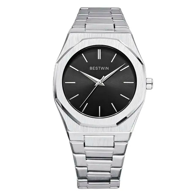 Stainless steel men's watch by Lamp Post featuring a gold and green dial with a sleek watch strap.