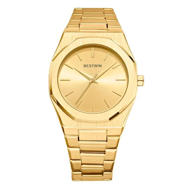 Gold and green stainless steel men's watch by Lamp Post featuring a sleek design and a stylish round dial.