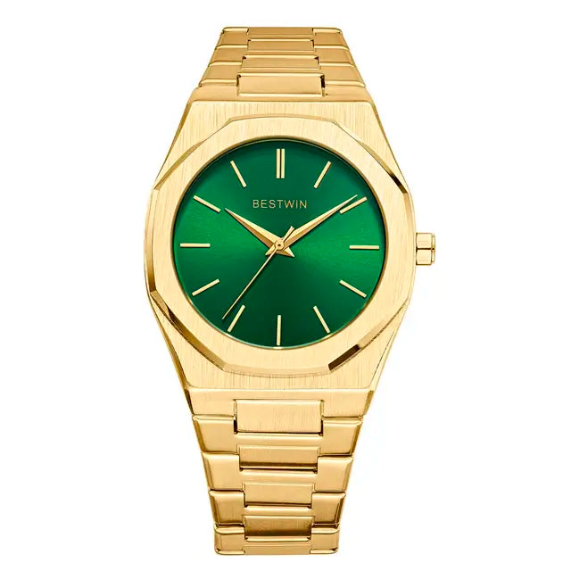 Gold and green stainless steel men's watch by Lamp Post with a sleek design and stainless steel band.