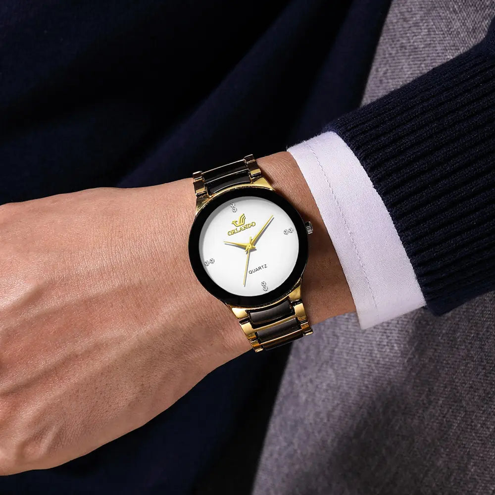 Gold stainless steel men's quartz watch by Lamp Post with a sleek design and durable metal band, perfect for everyday wear.