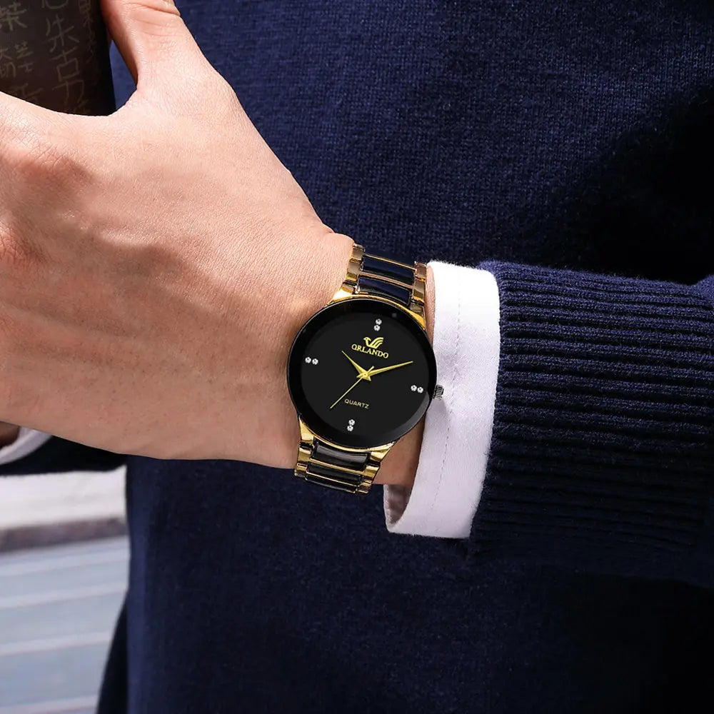 High-quality men's stainless steel quartz watch from Lamp Post with a sleek gold finish, featuring a classic watch face and band.