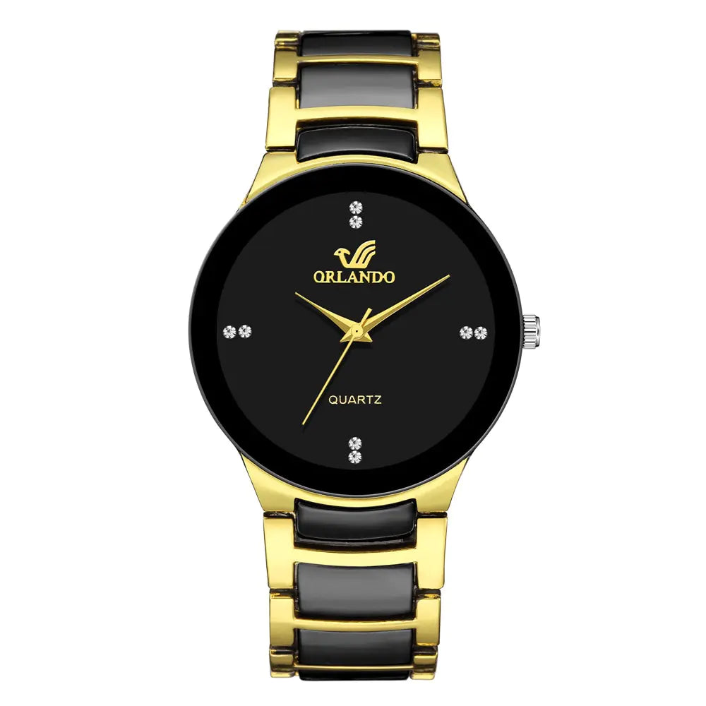 Gold stainless steel men's quartz watch from Lamp Post featuring a sleek watch face and durable metal band.