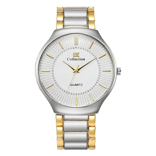 Gold stainless steel men's quartz watch by Lamp Post featuring a sleek watch face and stainless steel band.