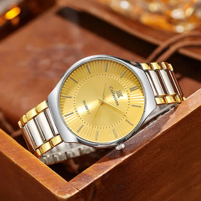 Gold stainless steel men's quartz watch by Lamp Post, featuring a sleek design and precise timekeeping.