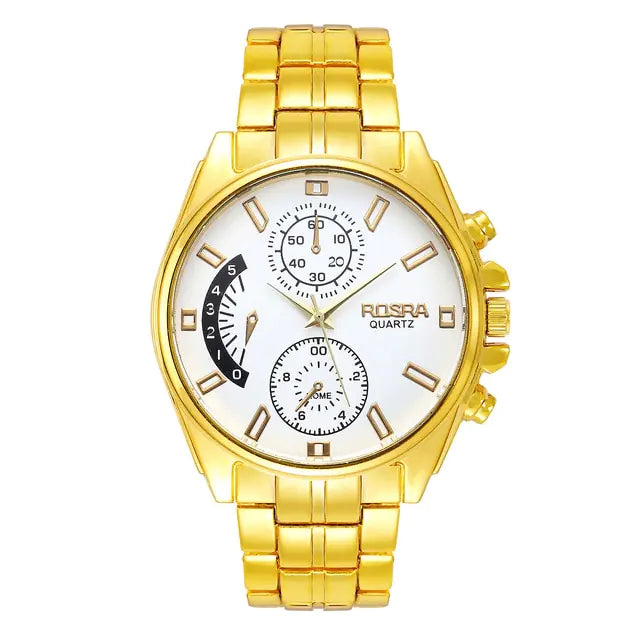 Gold men's stainless steel quartz watch by Lamp Post featuring a sleek design and precise timekeeping.