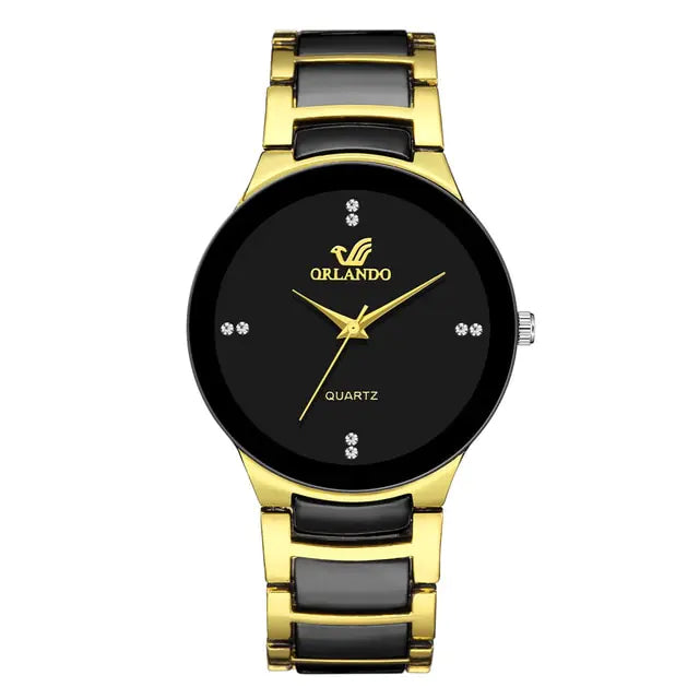 Gold men's stainless steel quartz watch by Lamp Post featuring a sleek design and durable metal band.