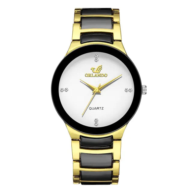 Gold men's stainless steel quartz watch by Lamp Post featuring a sleek design and durable metal strap.