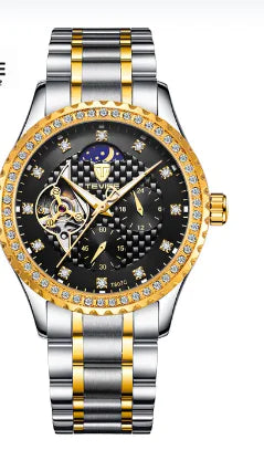 Gold and white luxury mechanical men's watch by Lamp Post featuring a sleek dial and elegant design.
