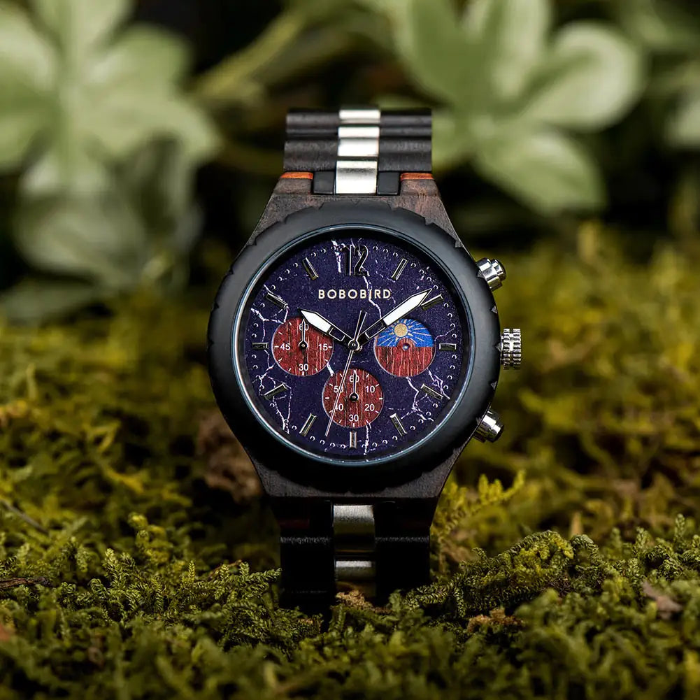 Luxury wooden chronograph watch for men by Lamp Post, featuring a stylish wooden case and detailed chronograph dial.